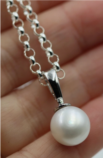 Sterling Silver 925 12mm Button Pearl Ball Pendant + Chain Necklace