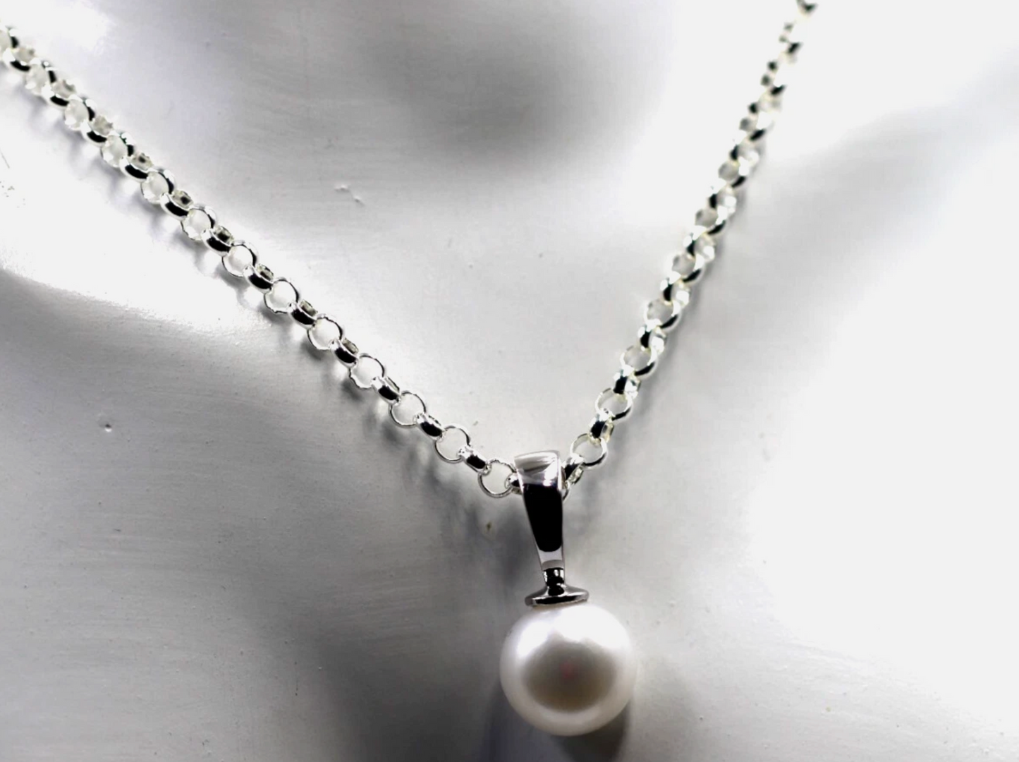 Sterling Silver 925 12mm Button Pearl Ball Pendant + Chain Necklace