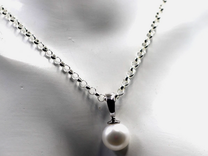 Sterling Silver 925 12mm Button Pearl Ball Pendant + Chain Necklace
