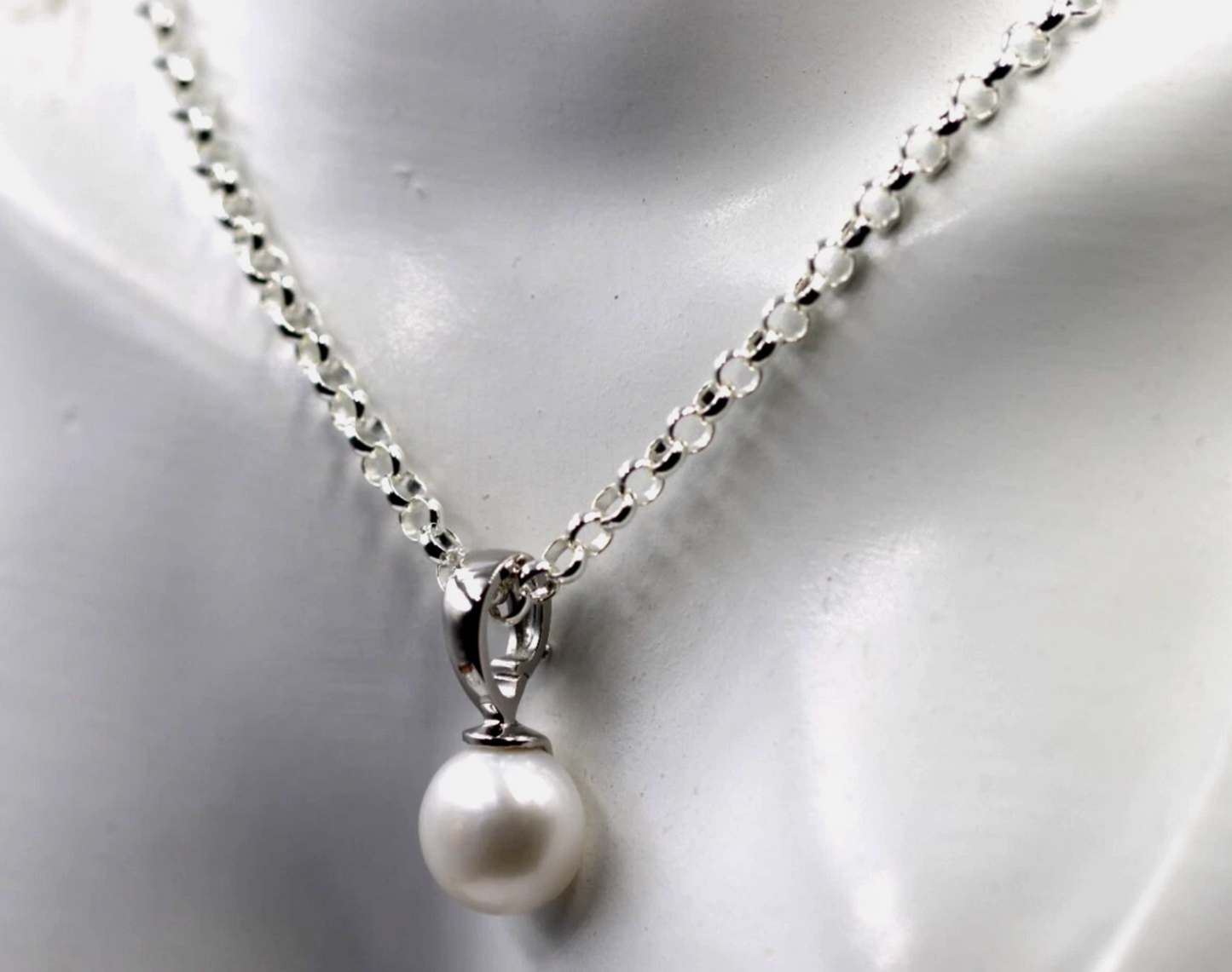 Sterling Silver 925 12mm Button Pearl Ball Pendant + Chain Necklace