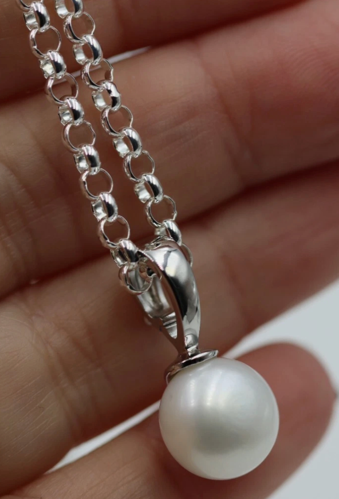 Sterling Silver 925 12mm Button Pearl Ball Pendant + Chain Necklace