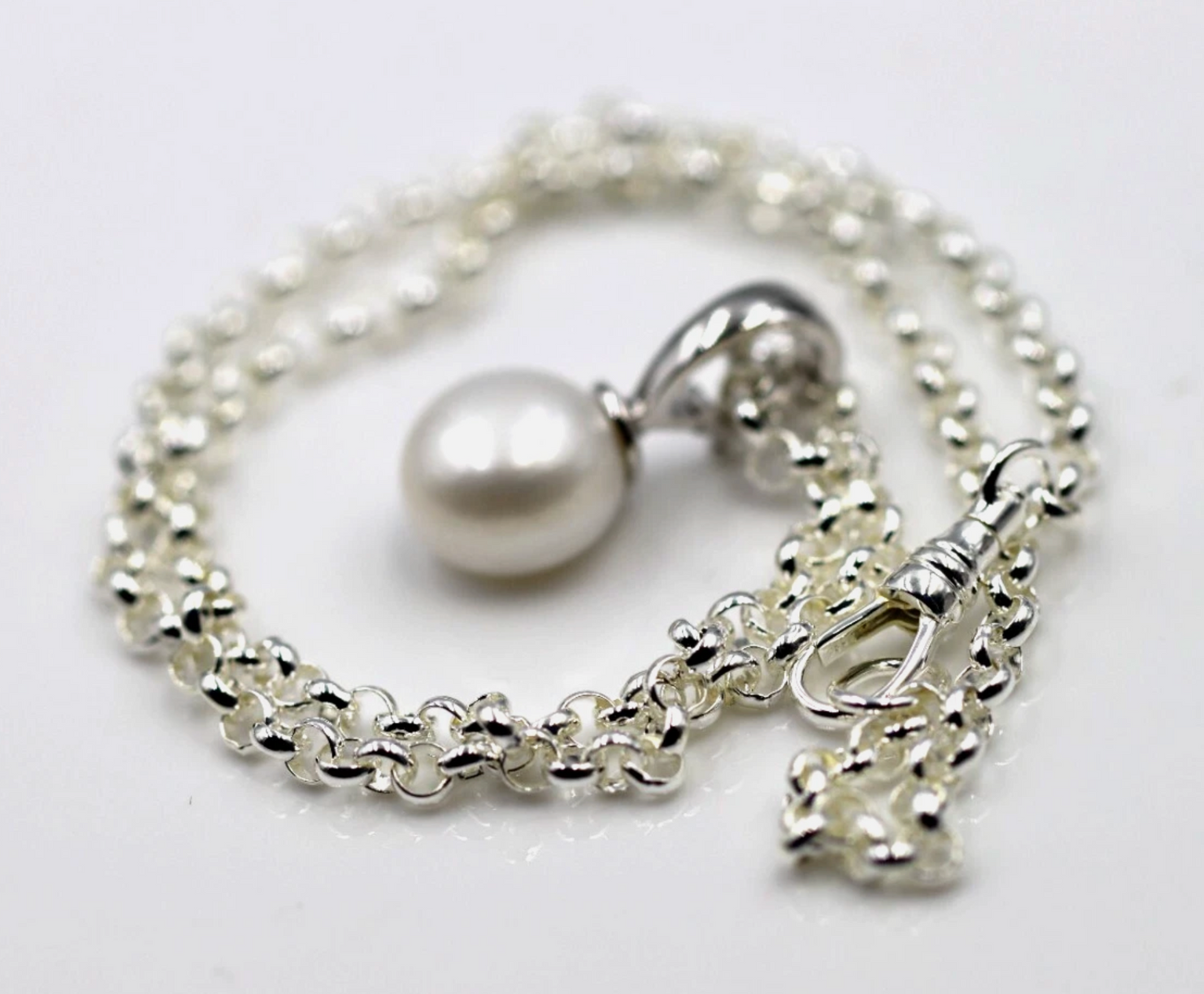 Sterling Silver 925 12mm Button Pearl Ball Pendant + Chain Necklace