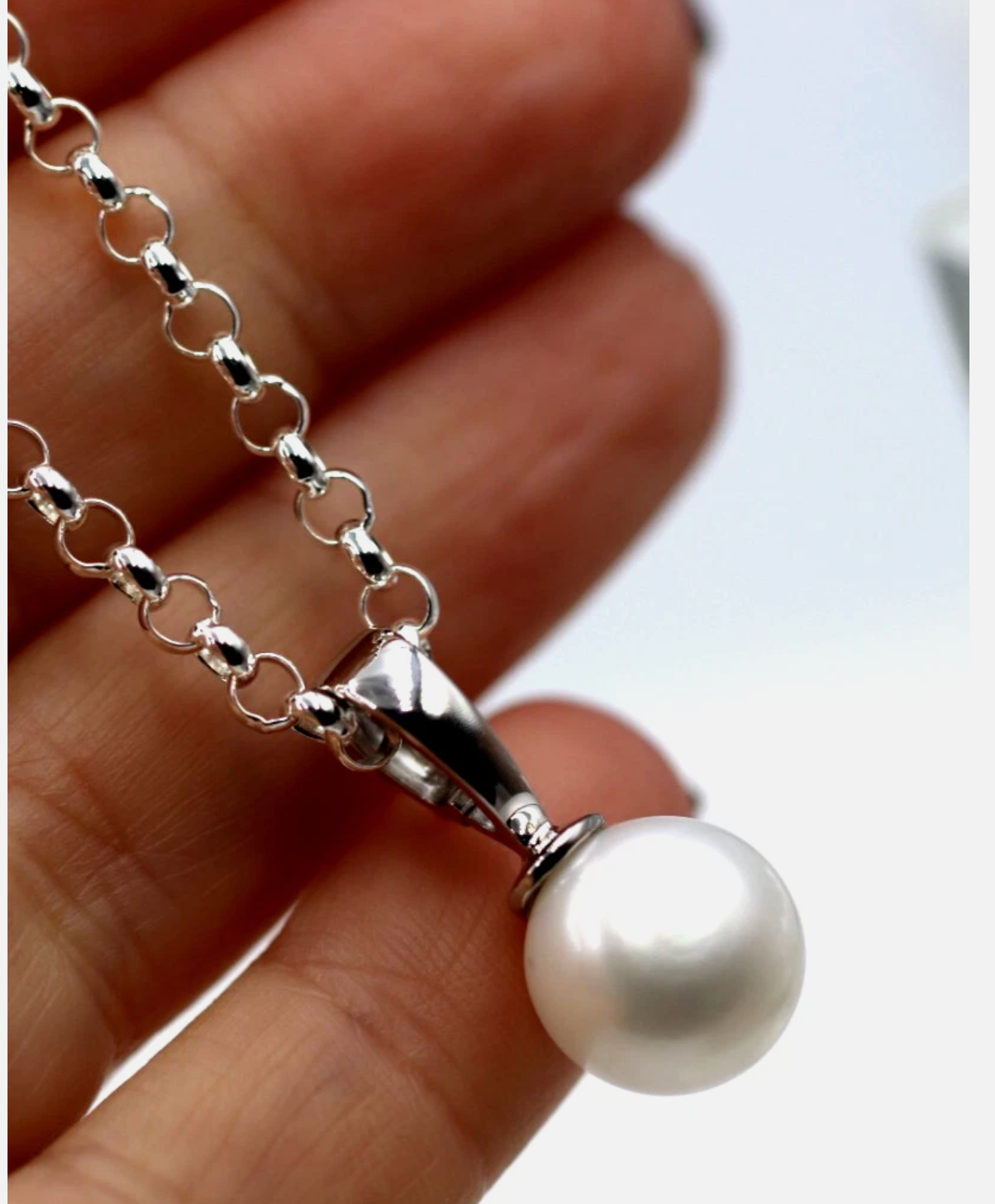 Sterling Silver 925 12mm Button Pearl Ball Pendant + Chain Necklace