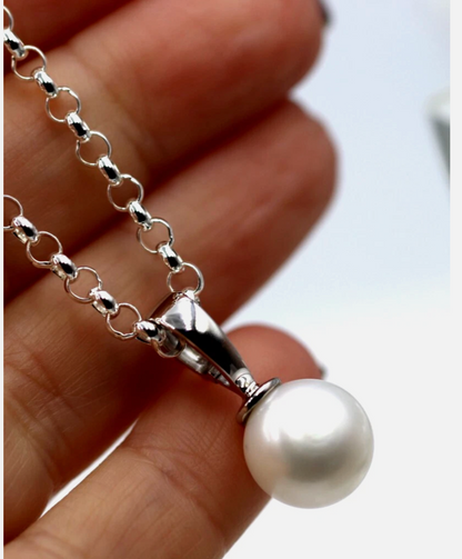 Sterling Silver 925 12mm Button Pearl Ball Pendant + Chain Necklace
