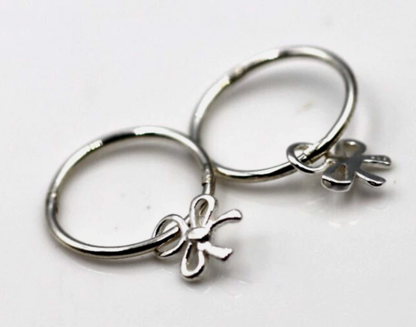 Sterling Silver 925 Sleepers Hinged Hoops Earrings + Bow Charms