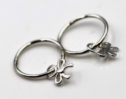 Sterling Silver 925 Sleepers Hinged Hoops Earrings + Bow Charms