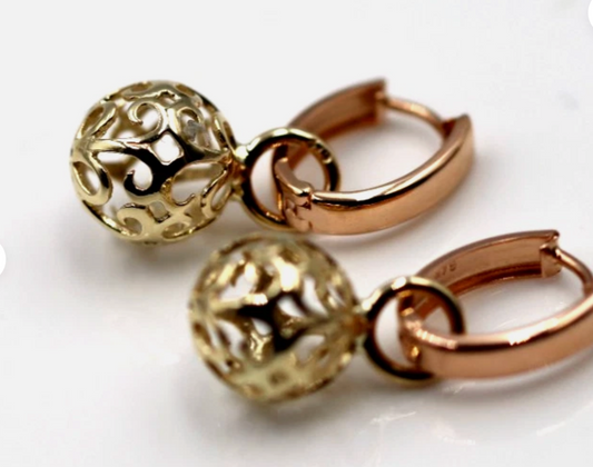 Genuine 9ct Rose + Yellow Gold Hoop 10mm Filigree Ball Huggies Earrings