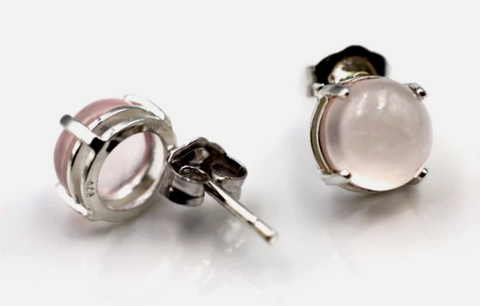 Sterling Silver 925 7mm Pink Cabochon Rose Quartz Studs Earrings