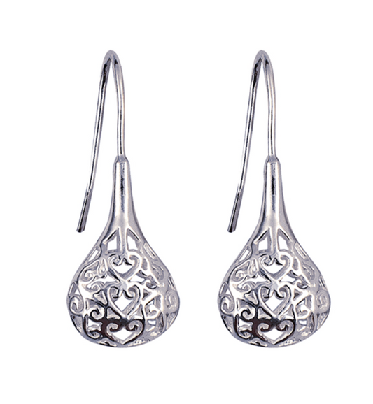 Genuine 925 Sterling Silver Puffy Filigree Teardrop Earrings