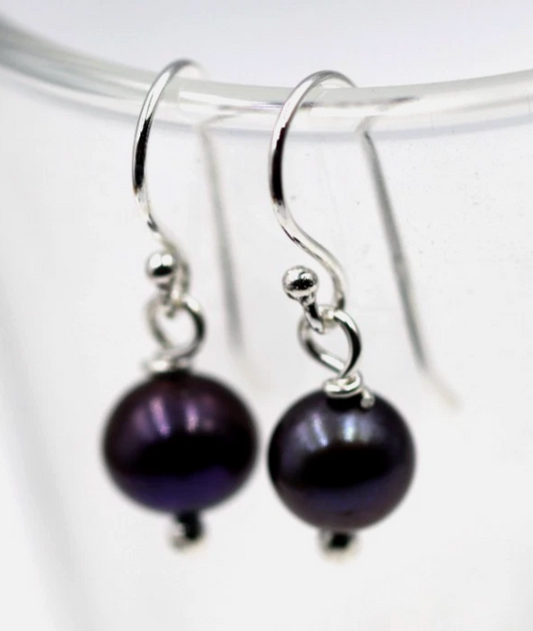 Sterling Silver 925 Freshwater 7mm Round Black Pearl Hooks Earrings