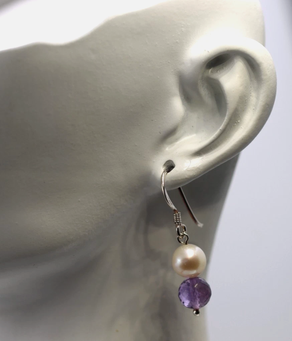 Sterling Silver 925 Freshwater White Pearl + Amethyst Ball Earrings