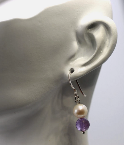 Sterling Silver 925 Freshwater White Pearl + Amethyst Ball Earrings