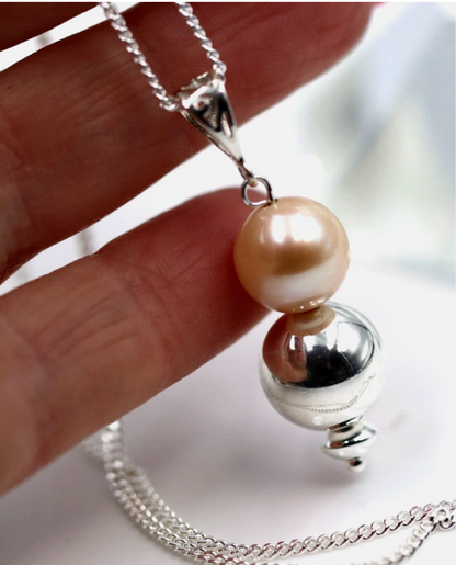 Sterling Silver 925 Freshwater Cultured Peach Pearl Ball Pendant +50cm Chain