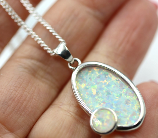 Sterling Silver 925 Oval Syn Opal Pendant + 50cm Necklace