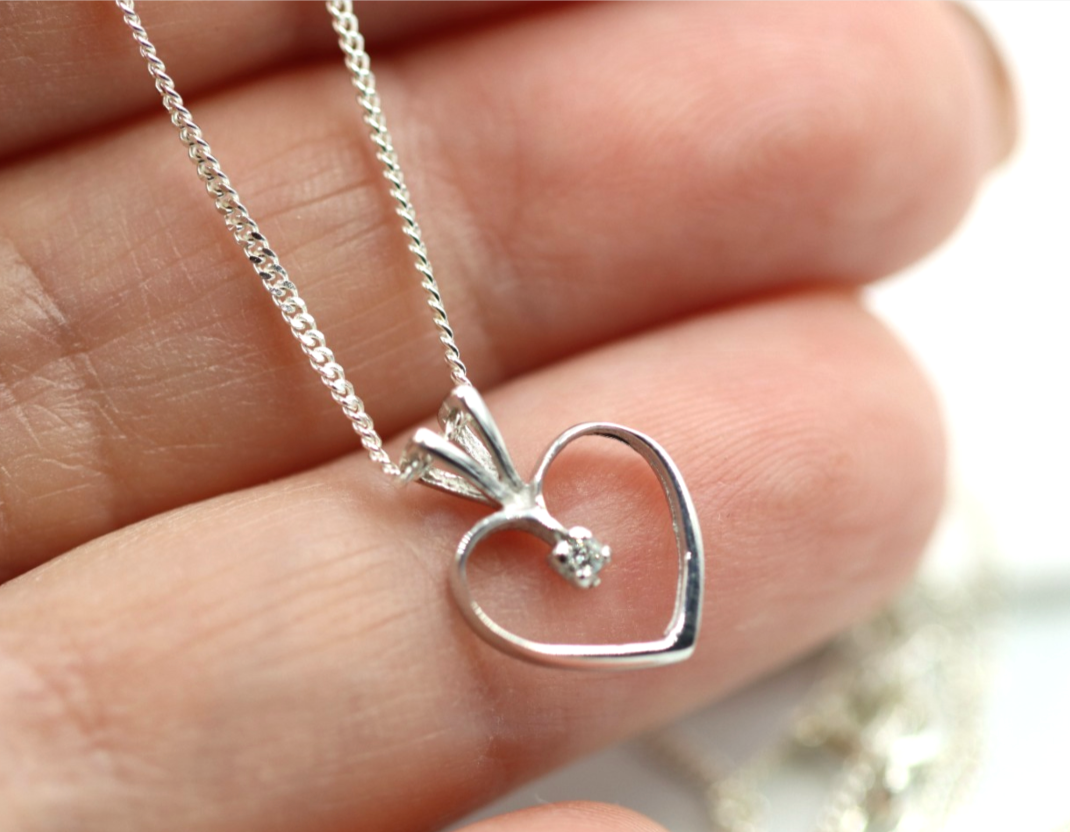 Sterling Silver 925 Diamond Heart Pendant + 46cm Necklace