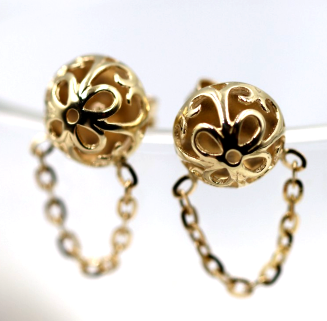 Genuine 9ct Yellow, Rose or White Gold 375 Half Ball 10mm Stud Filigree + Chain Earrings