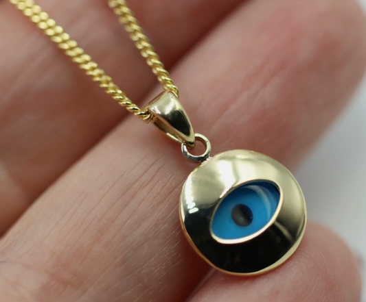9ct 9k Yellow Gold Curb Necklace / Chain + Greek Mati Nazar Lucky Evil Eye Charm