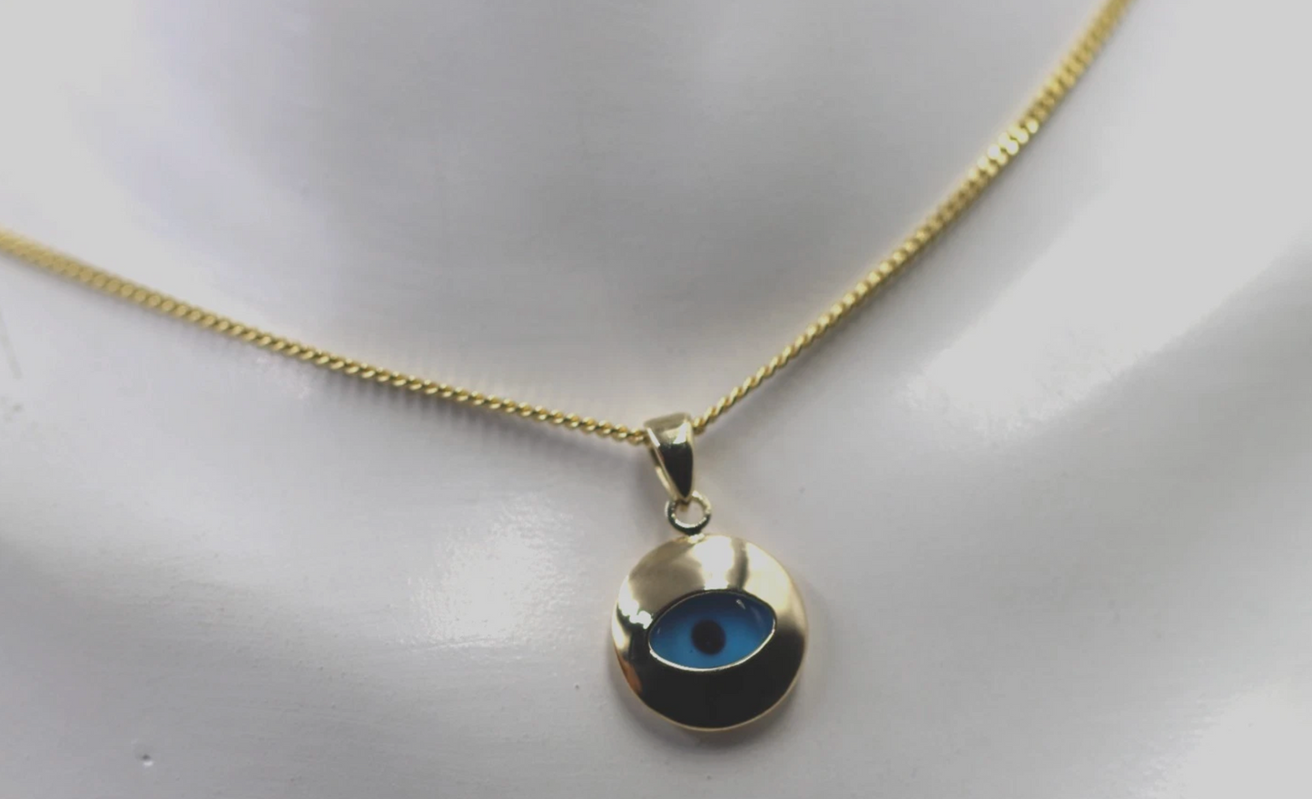 9ct 9k Yellow Gold Curb Necklace / Chain + Greek Mati Nazar Lucky Evil Eye Charm