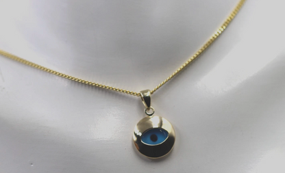 9ct 9k Yellow Gold Curb Necklace / Chain + Greek Mati Nazar Lucky Evil Eye Charm