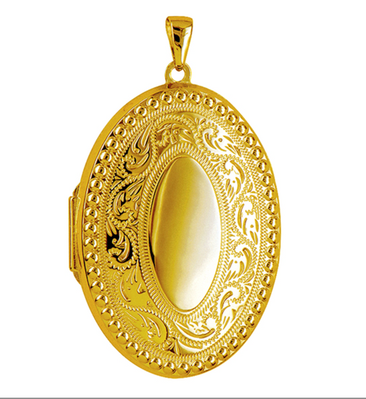 Genuine 9ct Yellow or Rose Gold Engraved Border Oval Locket