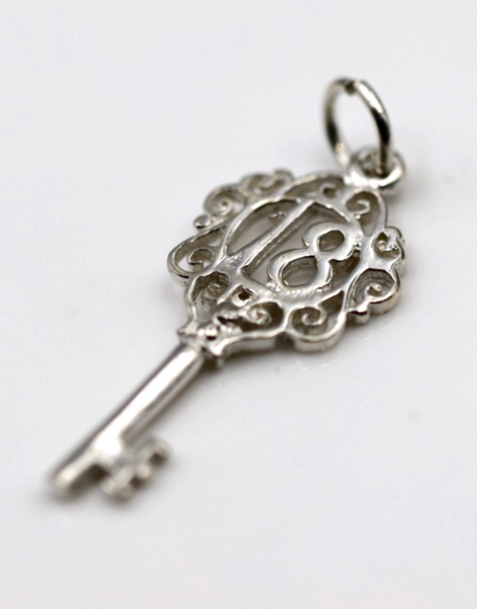Sterling Silver 925 Small Fancy Key 18th Pendant Or Charm