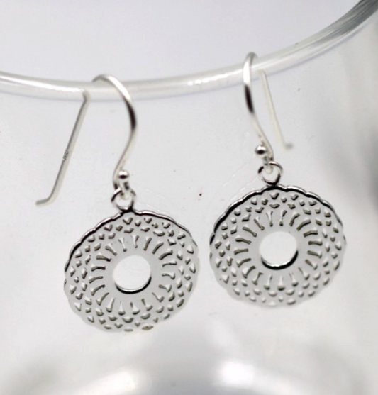 Genuine Sterling Silver 925 Patterned Circular Filigree Earring