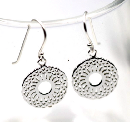 Genuine Sterling Silver 925 Patterned Circular Filigree Earring
