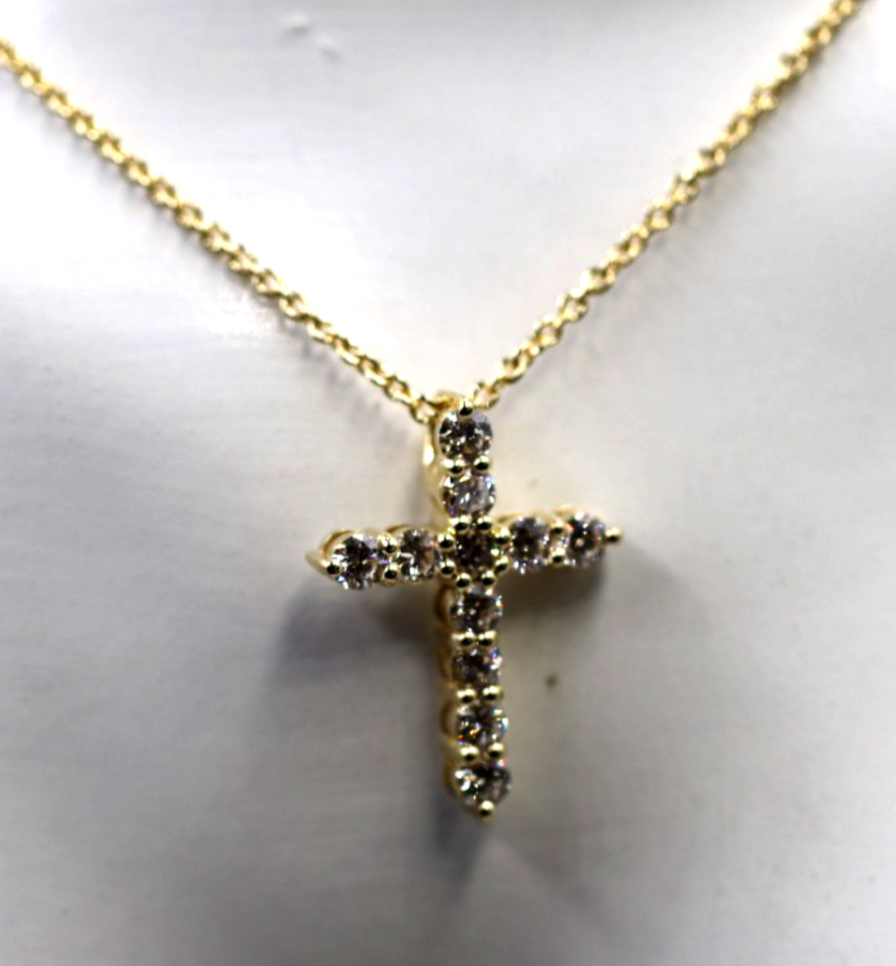 Genuine 18ct 750 Yellow Gold Round Lab Grown Diamond Cross Pendant + Necklace