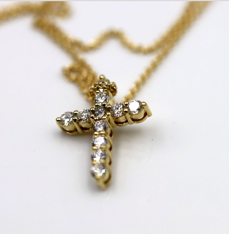 Genuine 18ct 750 Yellow Gold Round Lab Grown Diamond Cross Pendant + Necklace