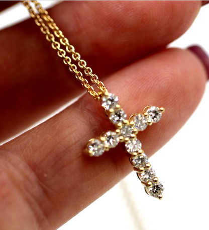 Genuine 18ct 750 Yellow Gold Round Lab Grown Diamond Cross Pendant + Necklace