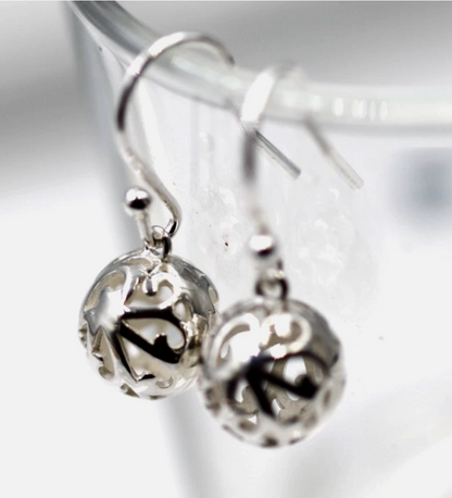 Genuine Sterling Silver 925 9.5mm Filigree Hook Euro Ball Earrings