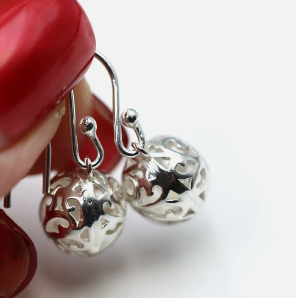 Genuine Sterling Silver 925 9.5mm Filigree Hook Euro Ball Earrings