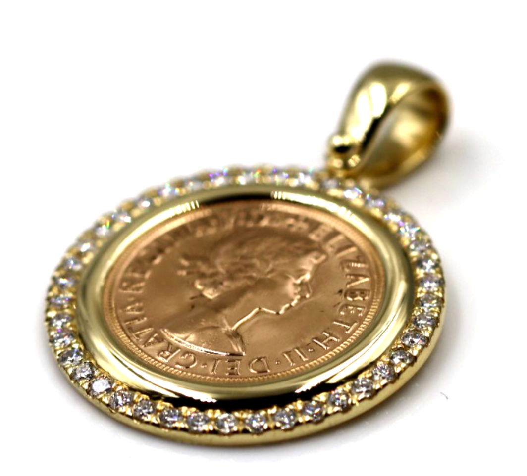 Genuine 18ct 18k 750 Yellow Gold Diamond Pendant with Full Sovereign (22ct) Coin