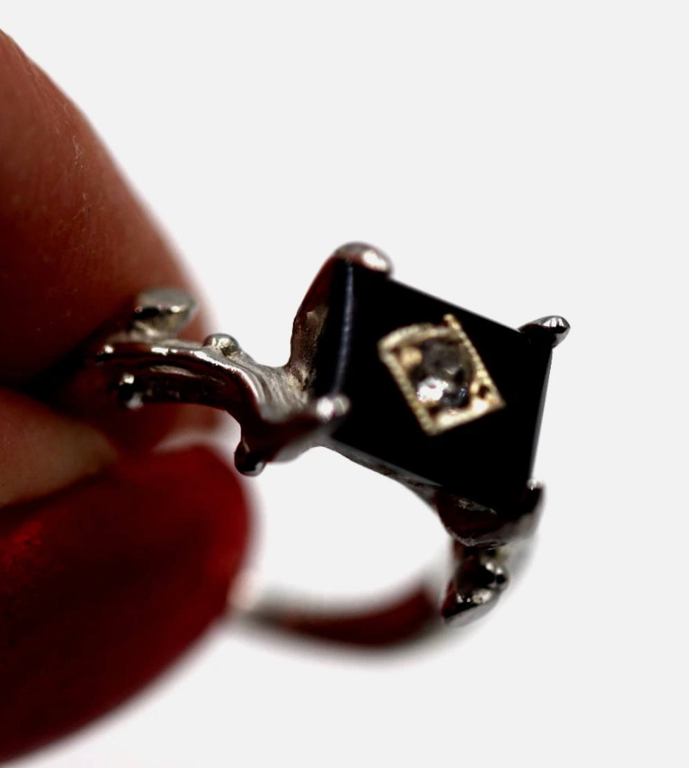 Genuine Size L Sterling Silver 925 Black Onyx Vine, Thorn Ring