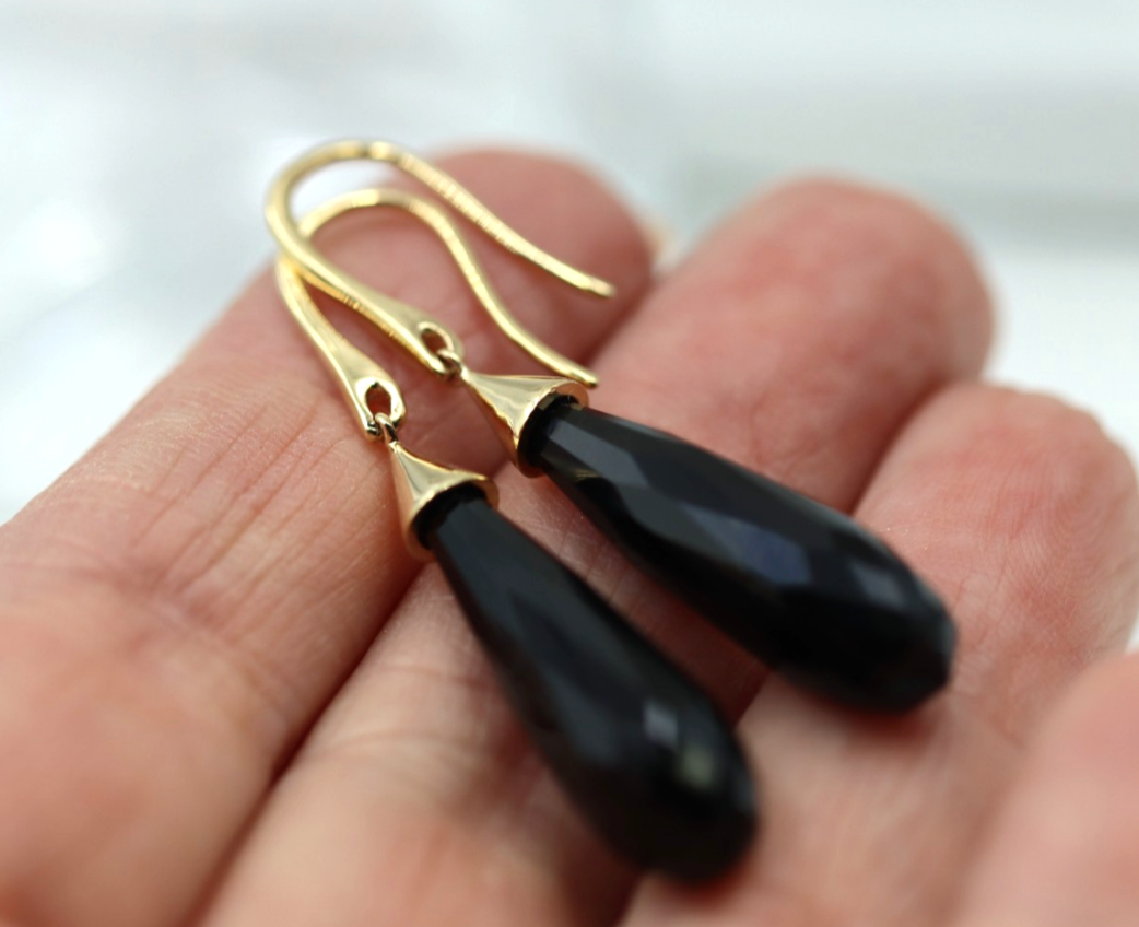 Genuine 9ct 9k 375 Briolette Black Onyx Tear Drop Earwires Earrings