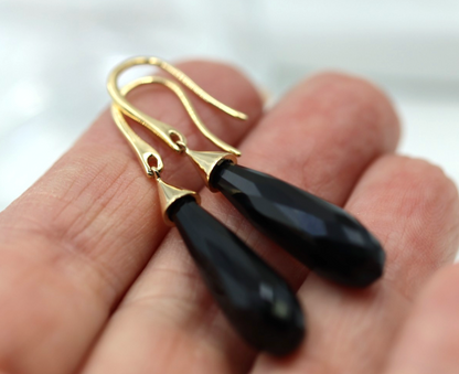 Genuine 9ct 9k 375 Briolette Black Onyx Tear Drop Earwires Earrings