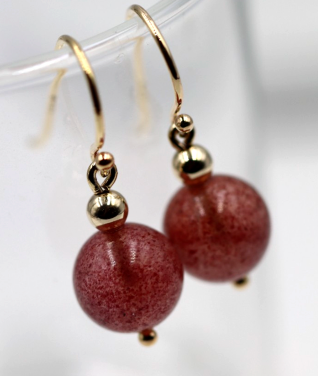 Genuine New 9ct 9k 375 Yellow Gold Strawberry Quartz Ball Earrings