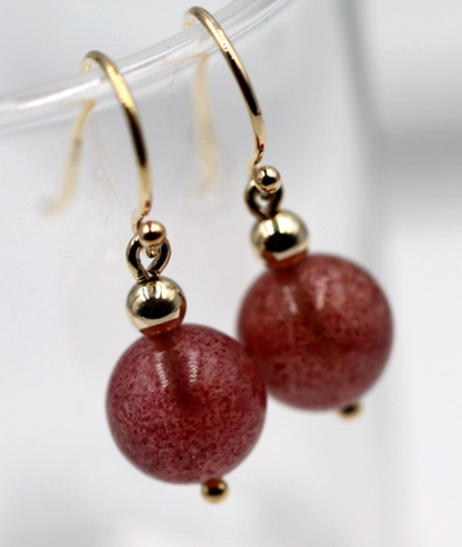 Genuine New 9ct 9k 375 Yellow Gold Strawberry Quartz Ball Earrings
