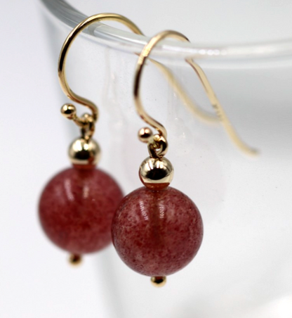Genuine New 9ct 9k 375 Yellow Gold Strawberry Quartz Ball Earrings