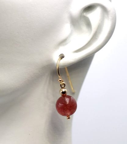 Genuine New 9ct 9k 375 Yellow Gold Strawberry Quartz Ball Earrings