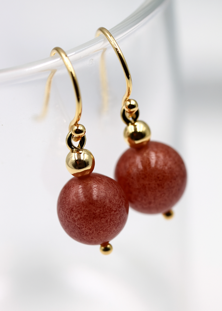 Genuine New 9ct 9k 375 Yellow Gold Strawberry Quartz Ball Earrings