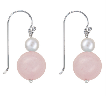 Sterling Silver 925 Freshwater Cultured Pearl & Rose Quartz Hook Earrings