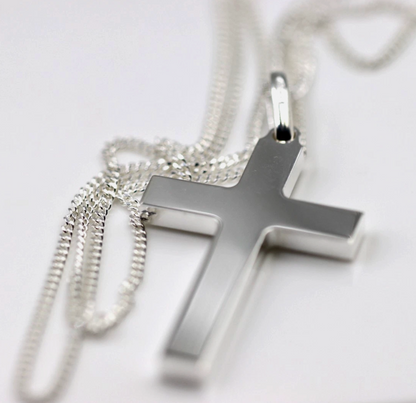 Sterling Silver 925 Plain Cross Pendant & 60cm Kerb Chain Necklace