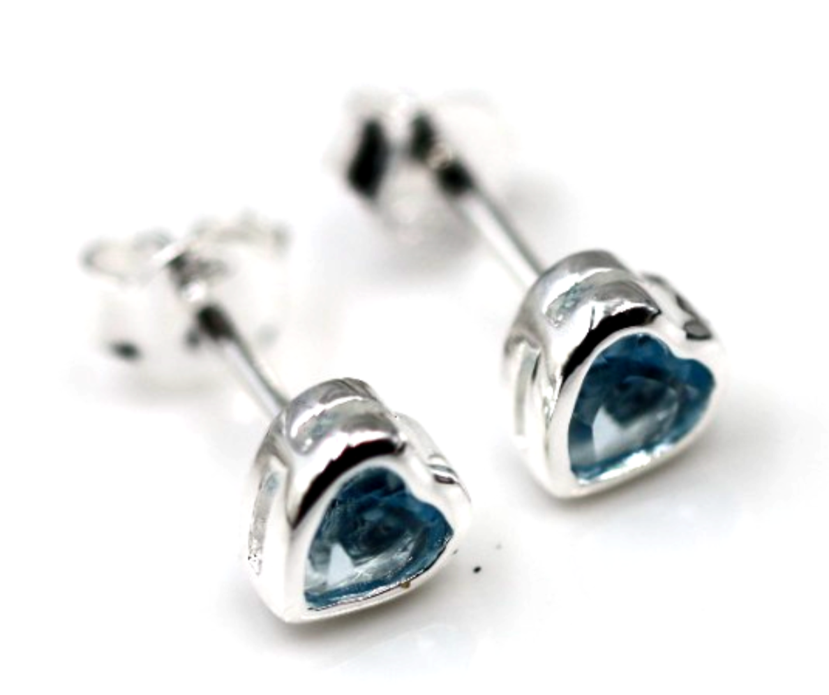 Sterling Silver 925 Bezel Set Heart Blue CZ Studs Earrings