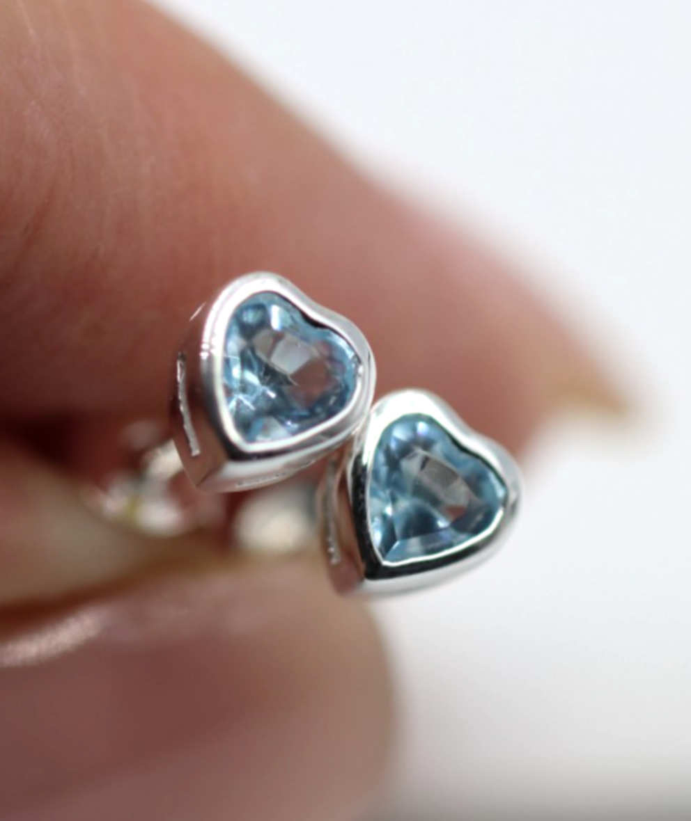Sterling Silver 925 Bezel Set Heart Blue CZ Studs Earrings