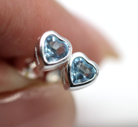 Sterling Silver 925 Bezel Set Heart Blue CZ Studs Earrings