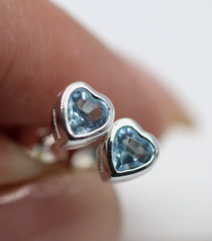 Sterling Silver 925 Bezel Set Heart Blue CZ Studs Earrings