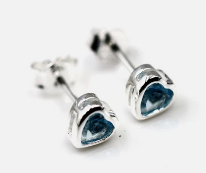 Sterling Silver 925 Bezel Set Heart Blue CZ Studs Earrings