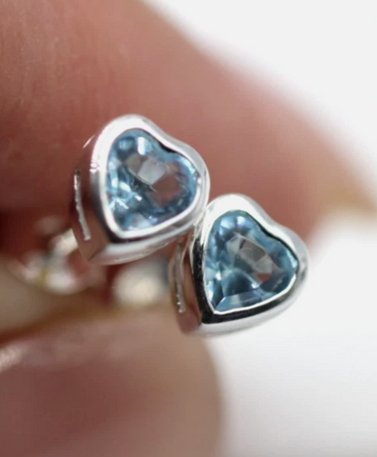Sterling Silver 925 Bezel Set Heart Blue CZ Studs Earrings