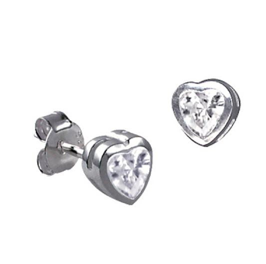 Sterling Silver 925 Bezel Set Heart CZ Studs Earrings